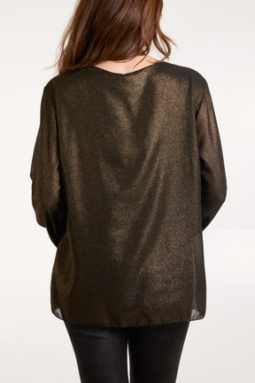 Metallic Pleated Necklace Smock Blouse