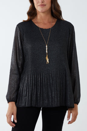 Metallic Pleated Necklace Smock Blouse