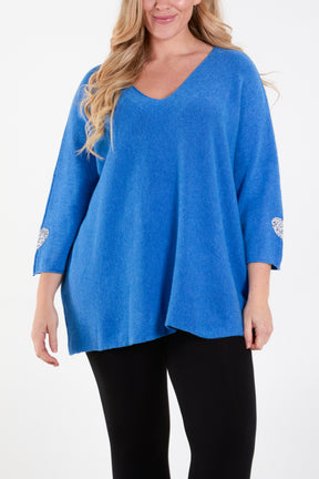 Appliqued Hearts Sleeves V-Neck Jumper