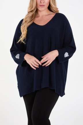 Appliqued Hearts Sleeves V-Neck Jumper