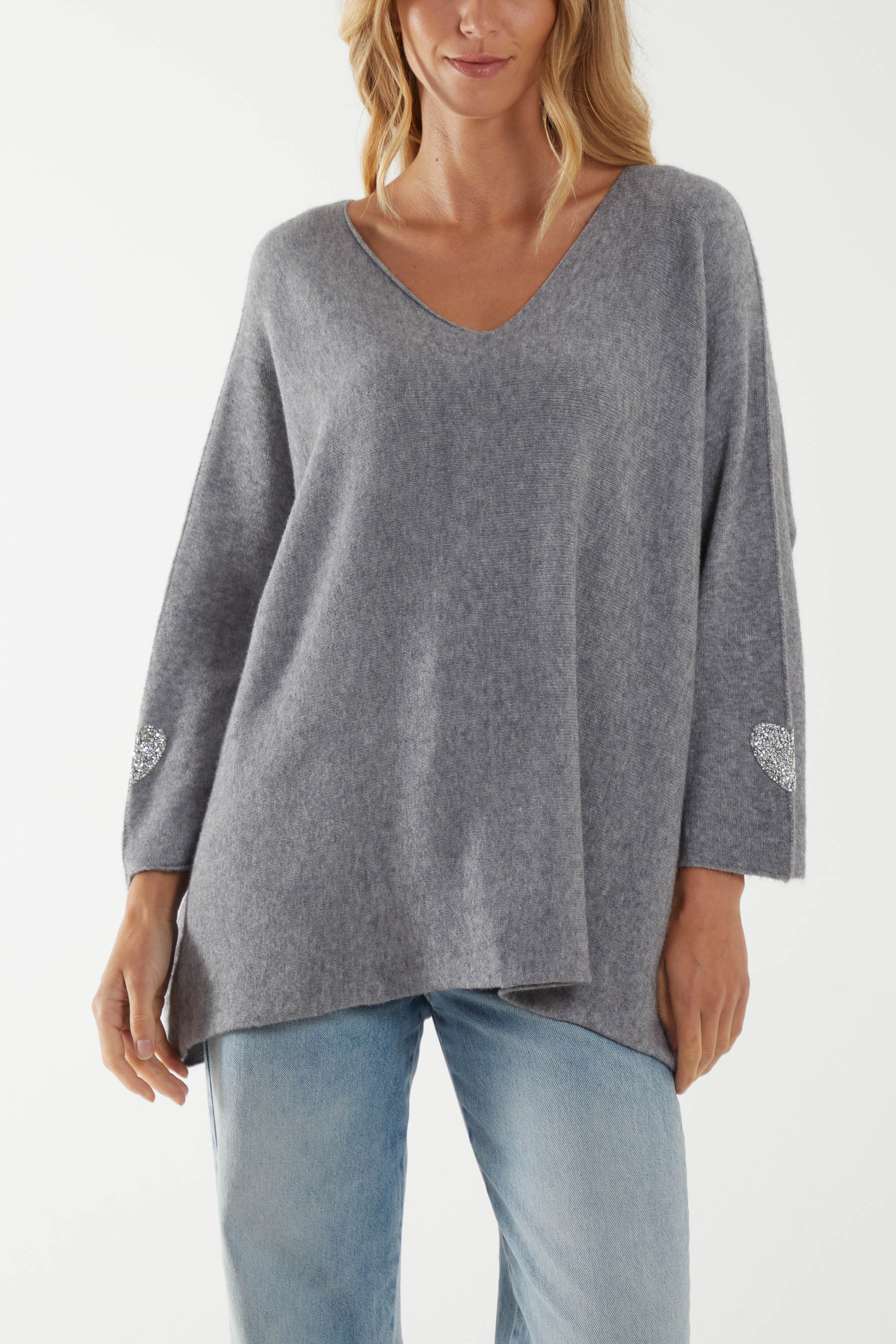 Appliqued Hearts Sleeves V-Neck Jumper