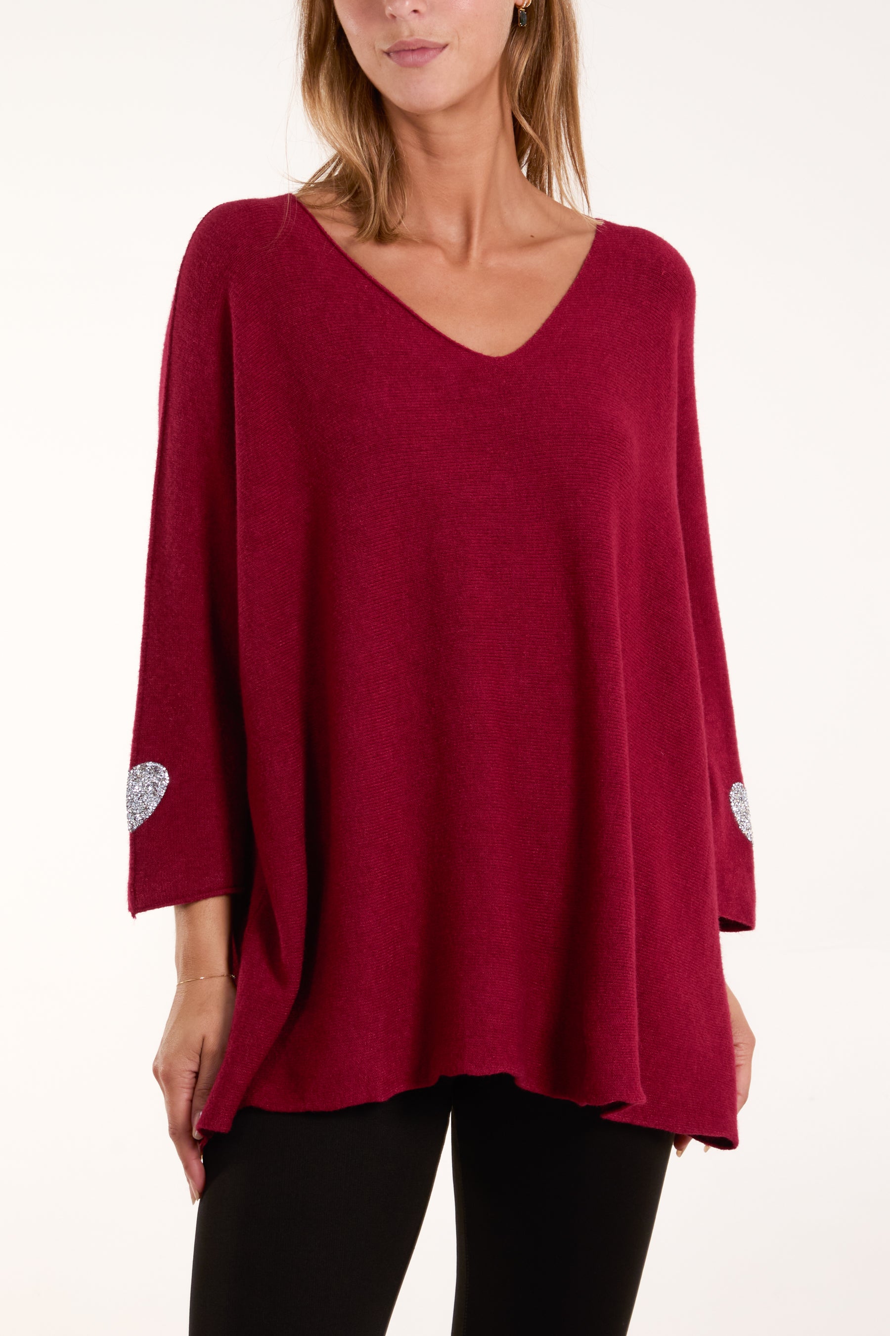 Appliqued Hearts Sleeves V-Neck Jumper