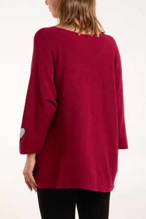 Appliqued Hearts Sleeves V-Neck Jumper