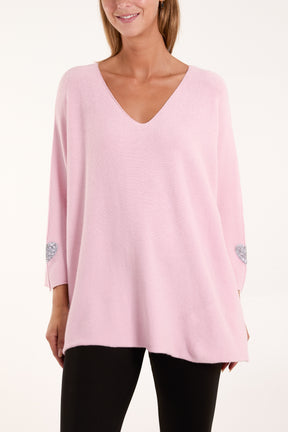 Appliqued Hearts Sleeves V-Neck Jumper