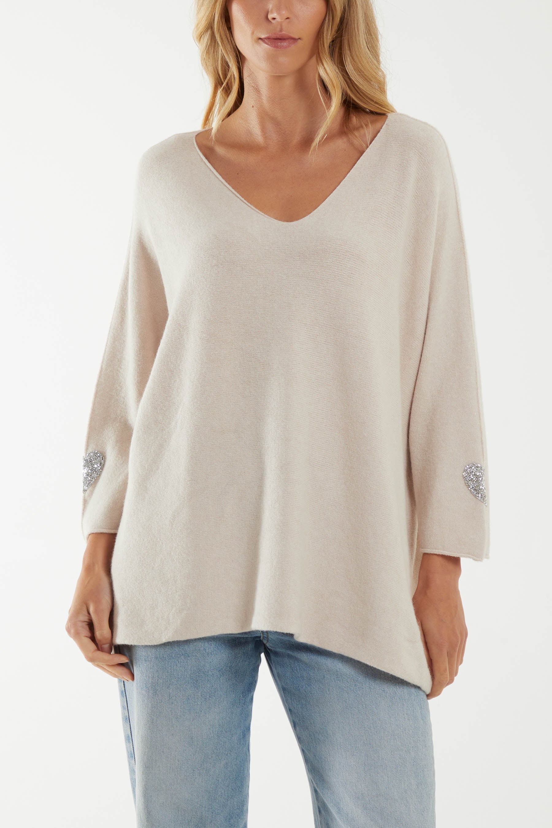 Appliqued Hearts Sleeves V-Neck Jumper