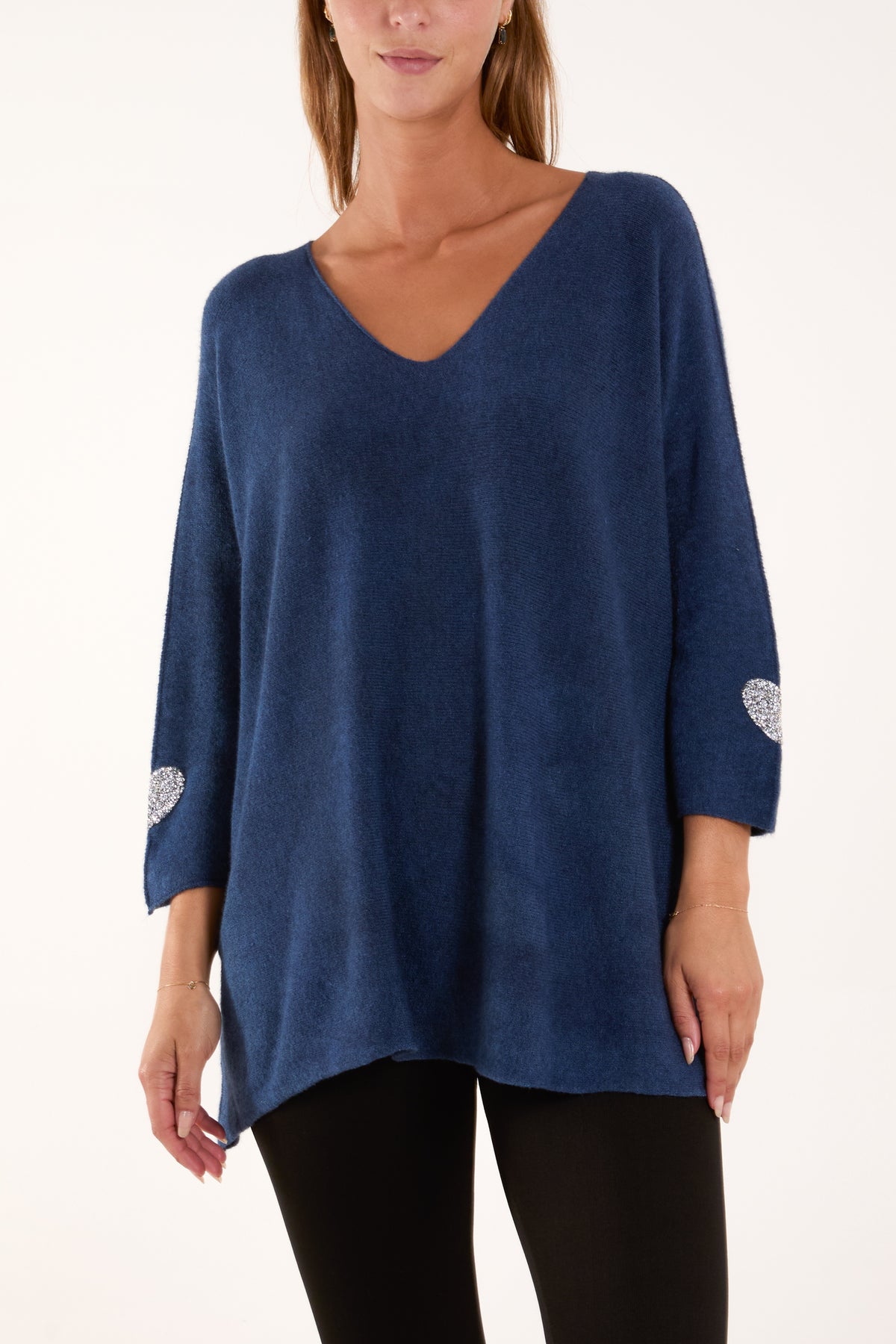 Appliqued Hearts Sleeves V-Neck Jumper