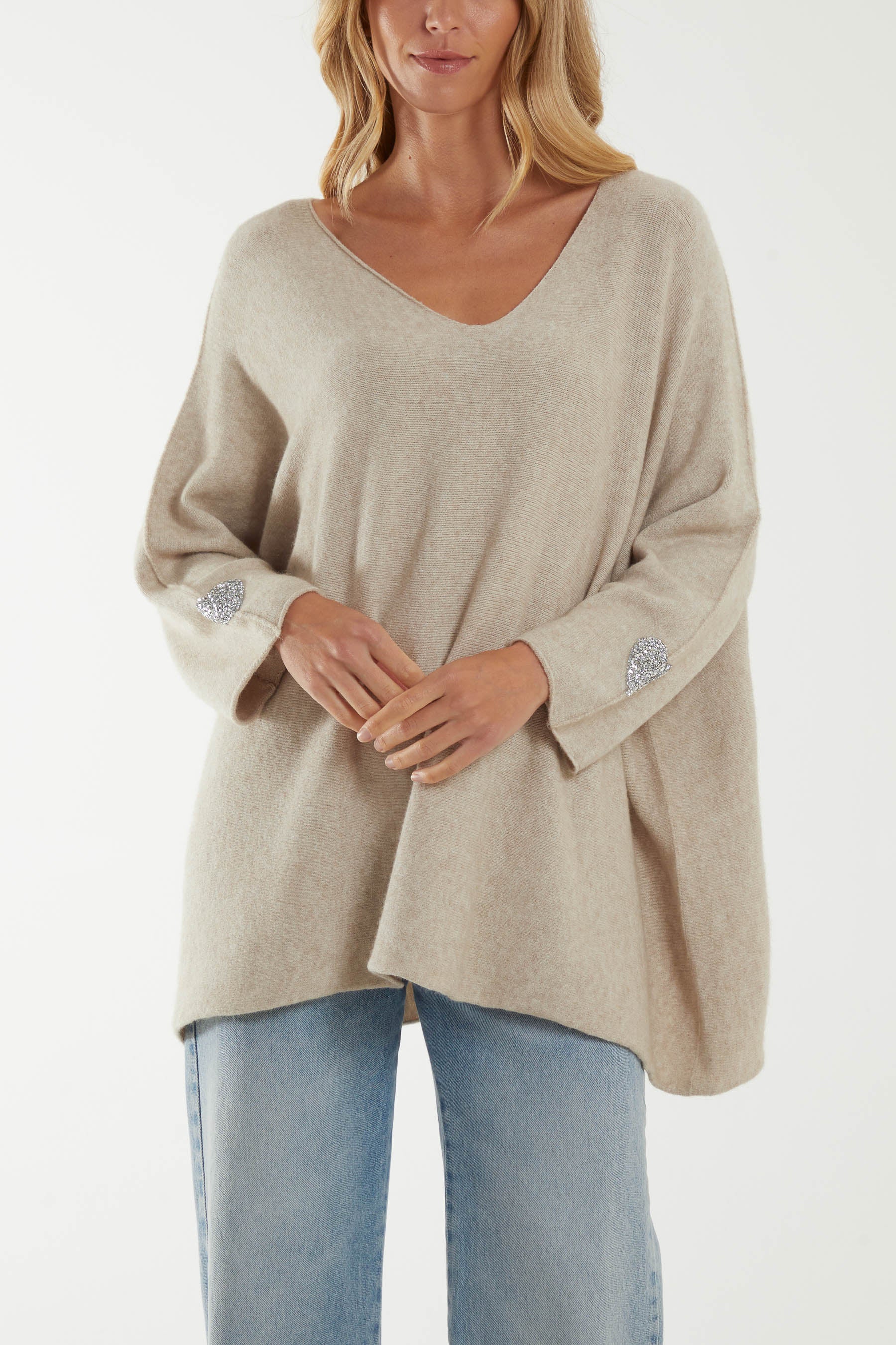 Appliqued Hearts Sleeves V-Neck Jumper