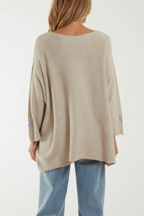 Appliqued Hearts Sleeves V-Neck Jumper