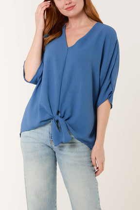 V-Neck Centre Front Tie Hem Blouse