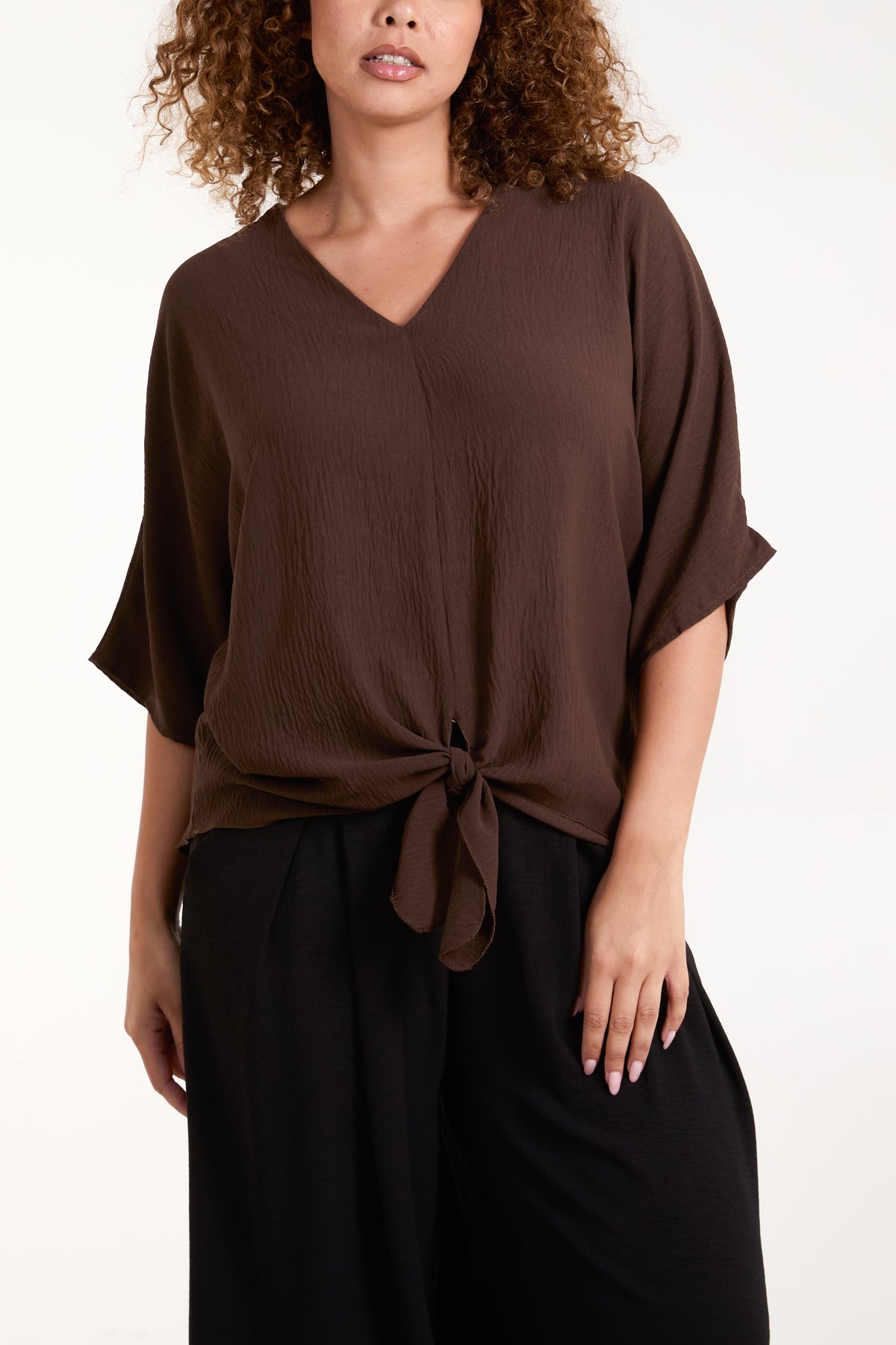 V-Neck Centre Front Tie Hem Blouse