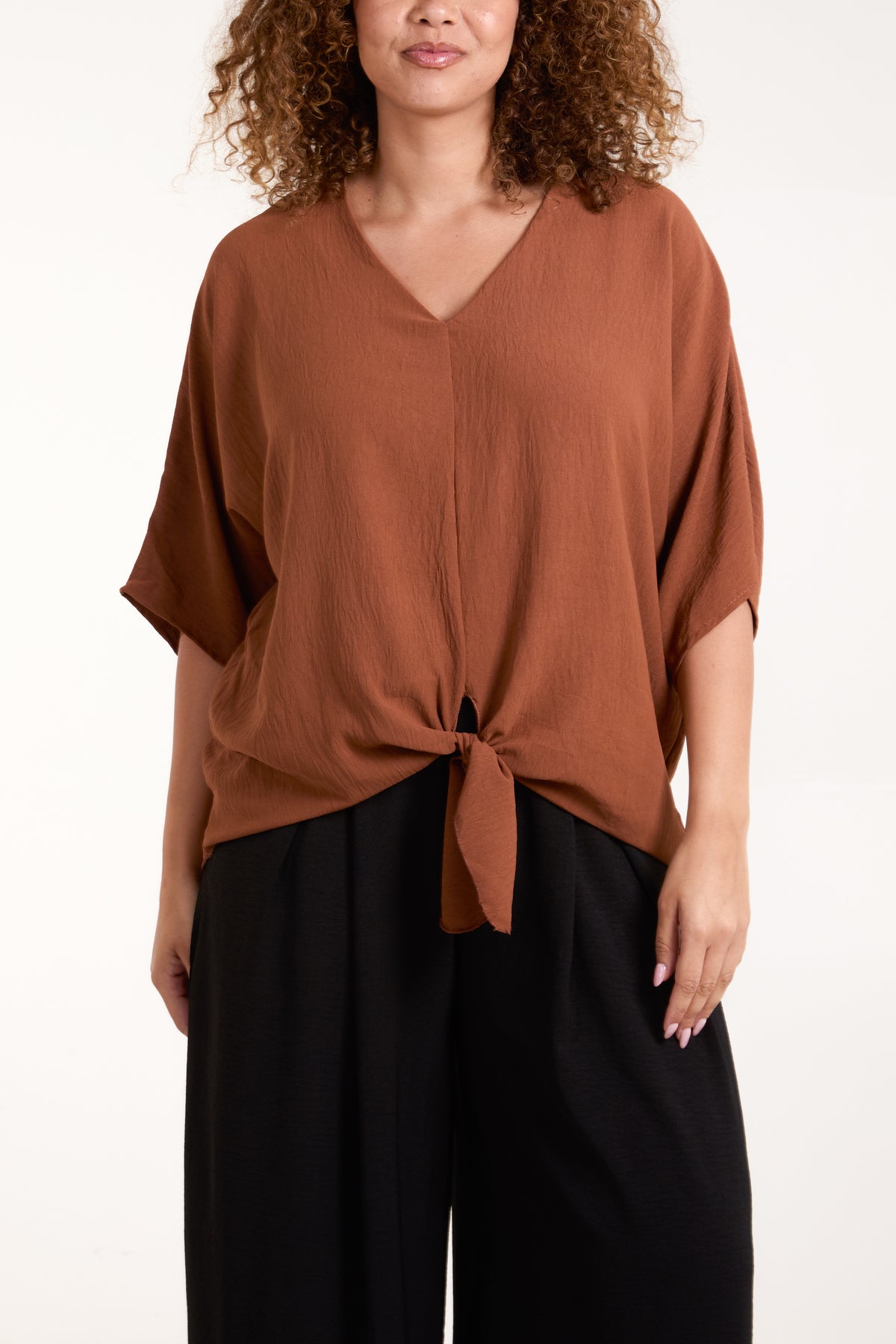 V-Neck Centre Front Tie Hem Blouse