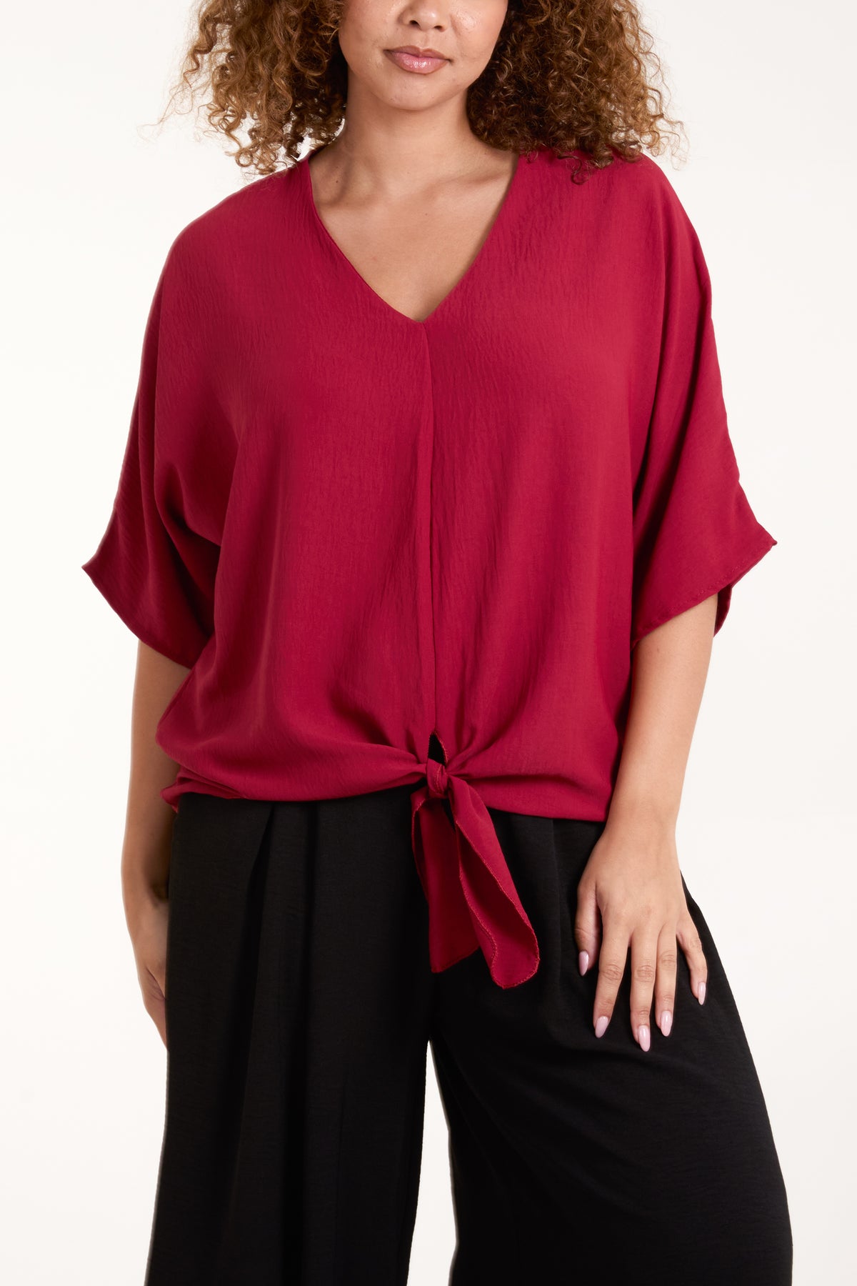 V-Neck Centre Front Tie Hem Blouse