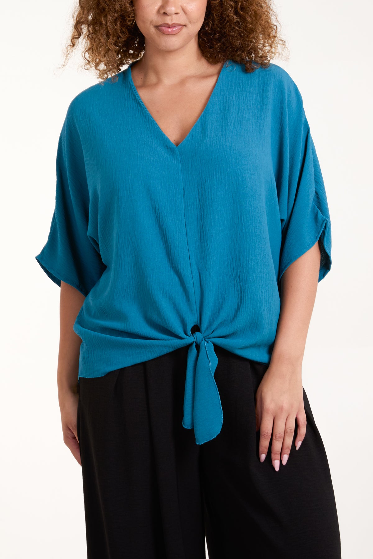 V-Neck Centre Front Tie Hem Blouse