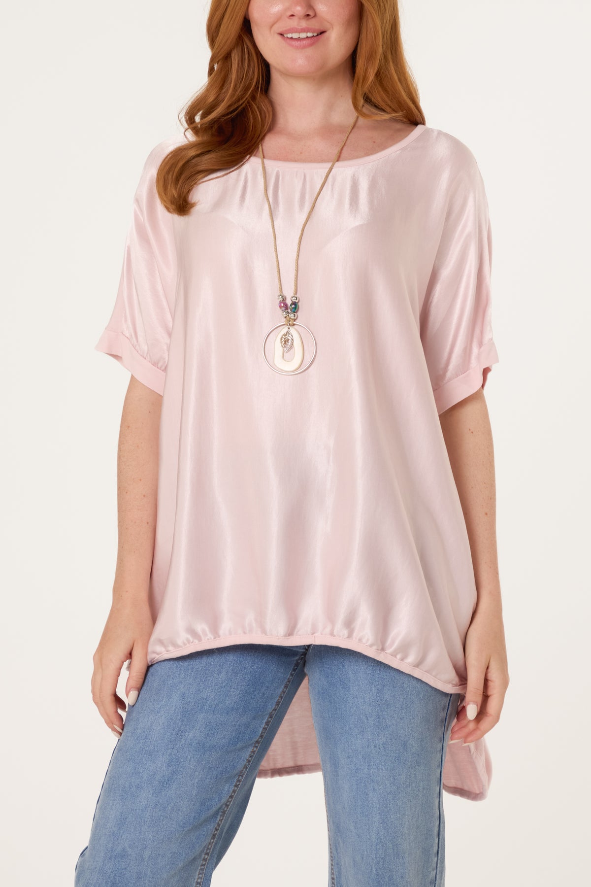 Short Sleeve Round Neck Satin Feel Dip Hem Necklace Top