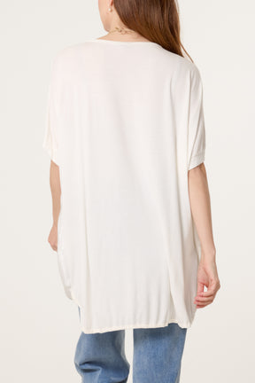 Short Sleeve Round Neck Satin Feel Dip Hem Necklace Top