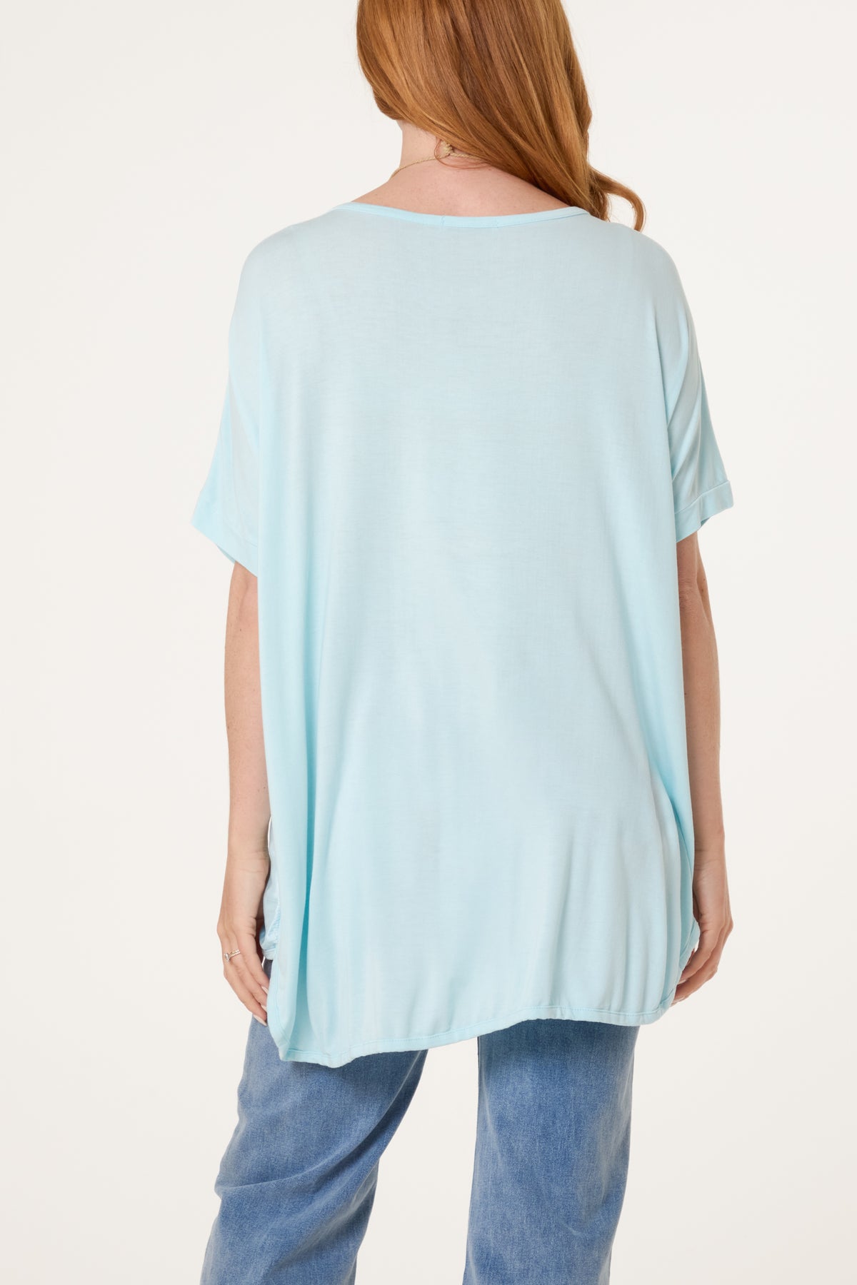 Short Sleeve Round Neck Satin Feel Dip Hem Necklace Top