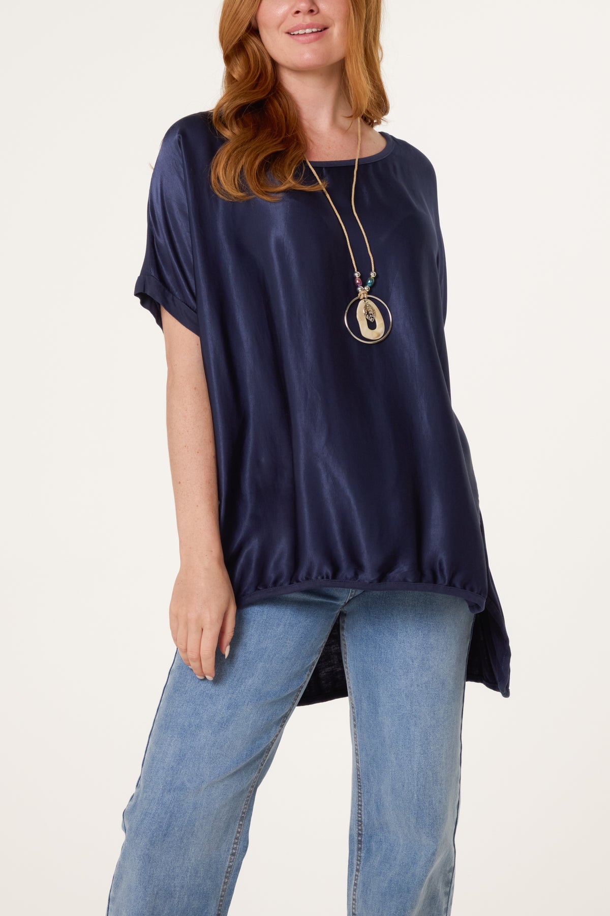 Short Sleeve Round Neck Satin Feel Dip Hem Necklace Top