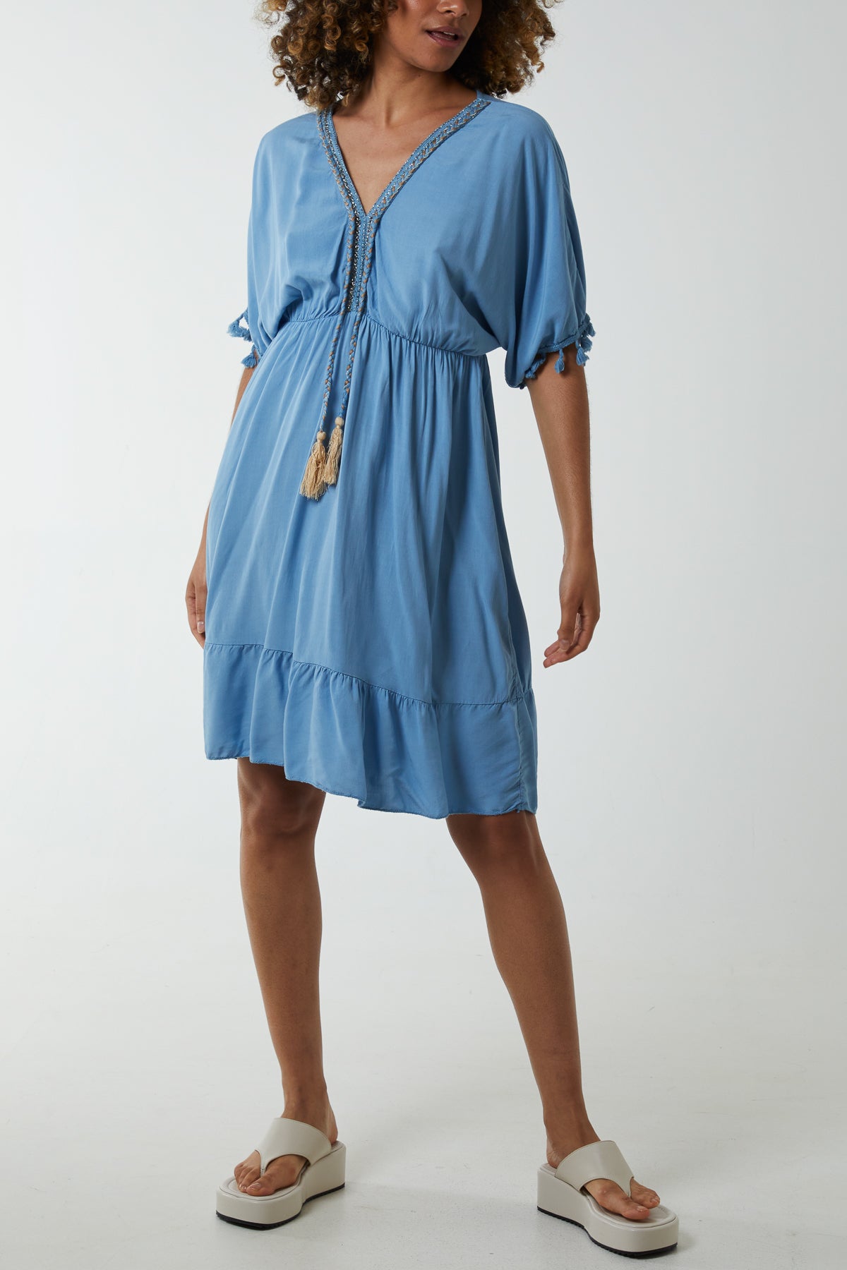 Tiered Elasticated Detail Tassel Trim Dress