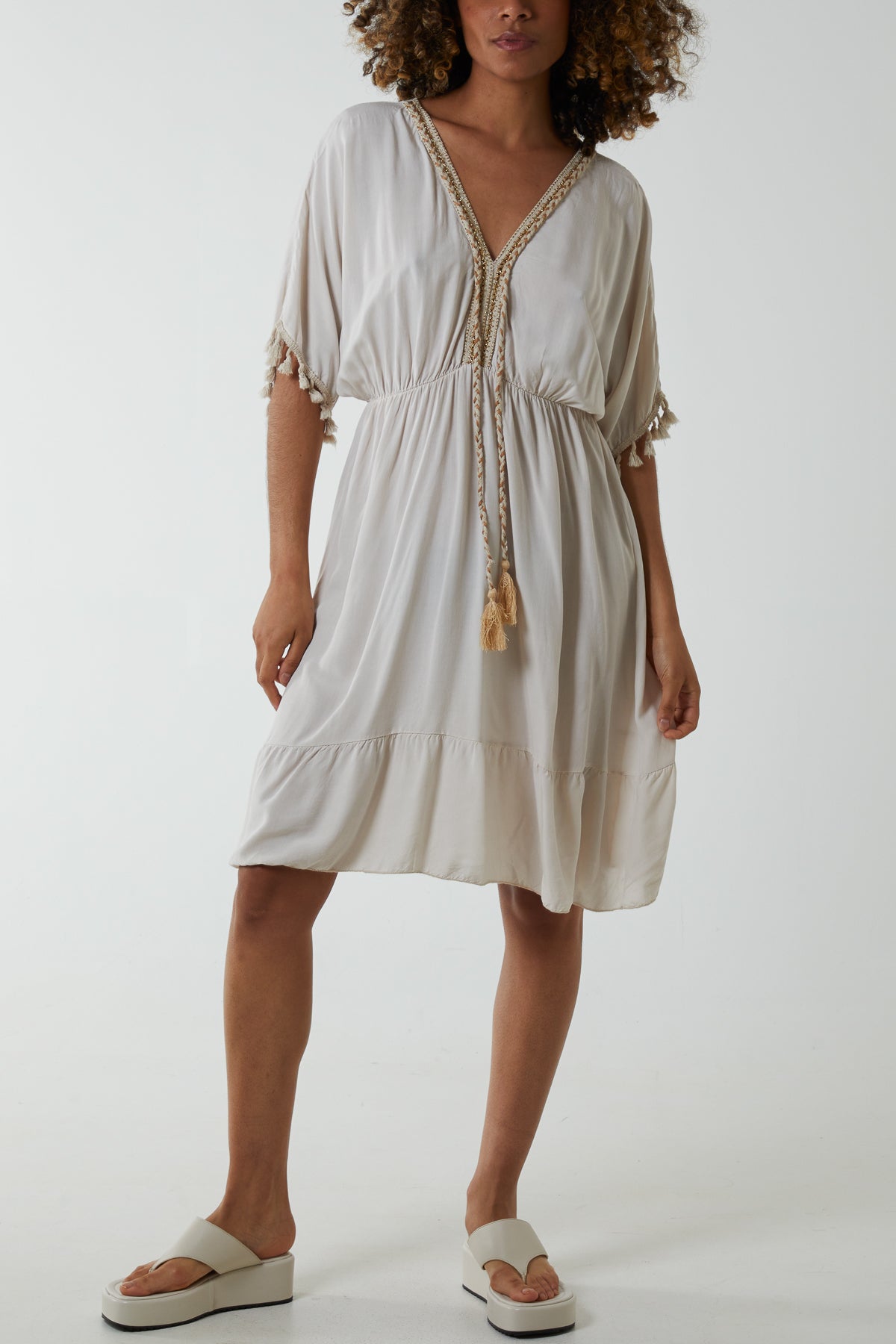 Tiered Elasticated Detail Tassel Trim Dress