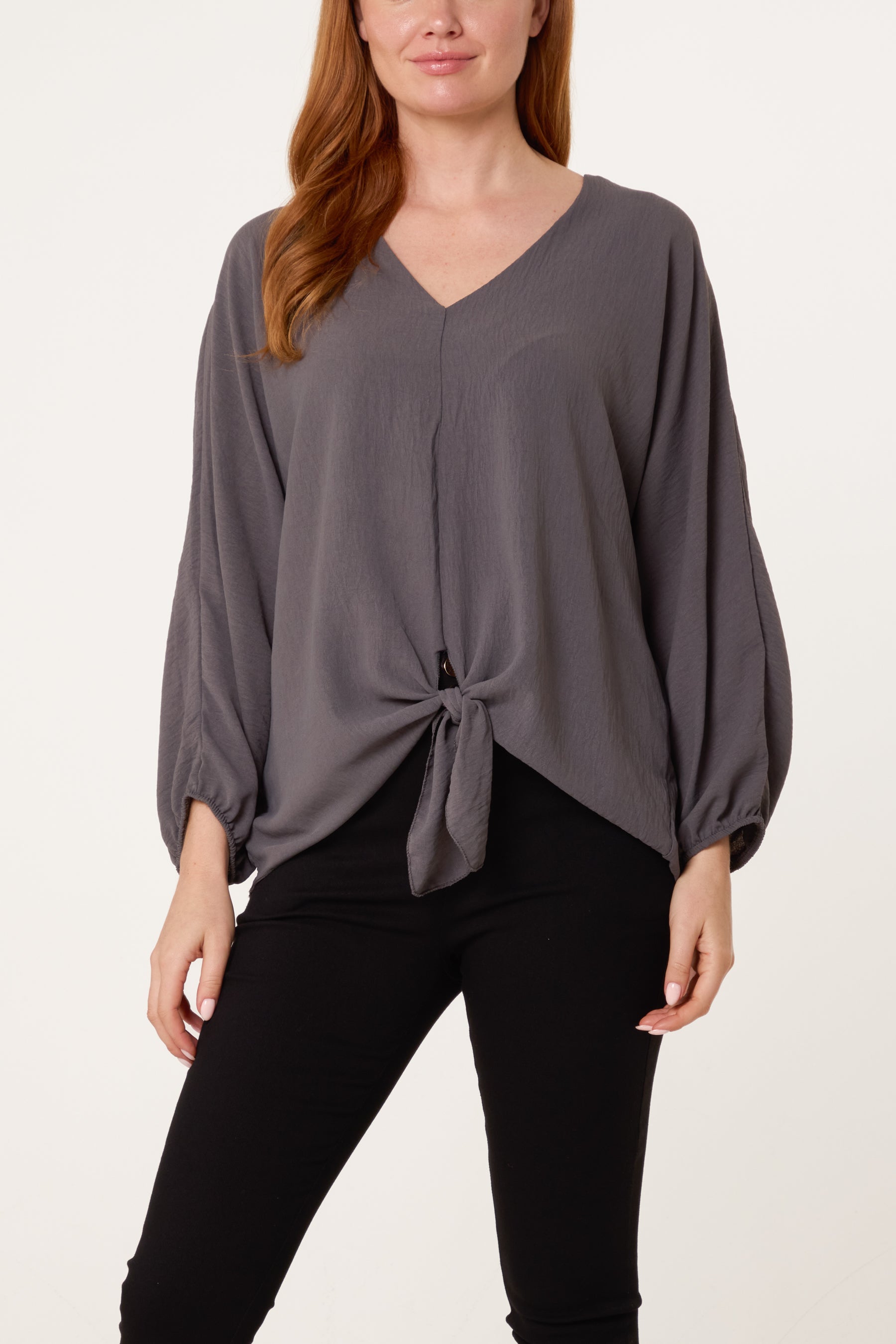 V-Neck Long Sleeve Tie Front Blouse