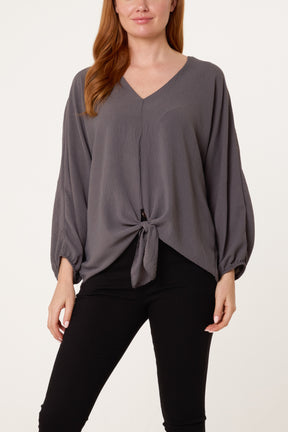 V-Neck Long Sleeve Tie Front Blouse