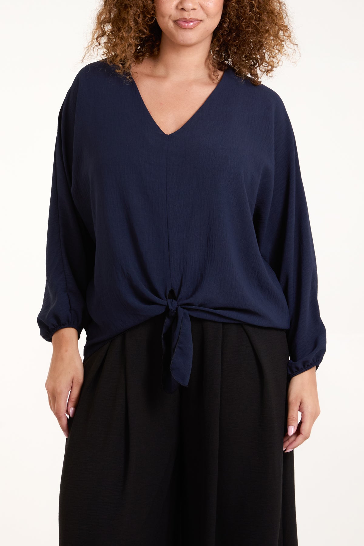 V-Neck Long Sleeve Tie Front Blouse