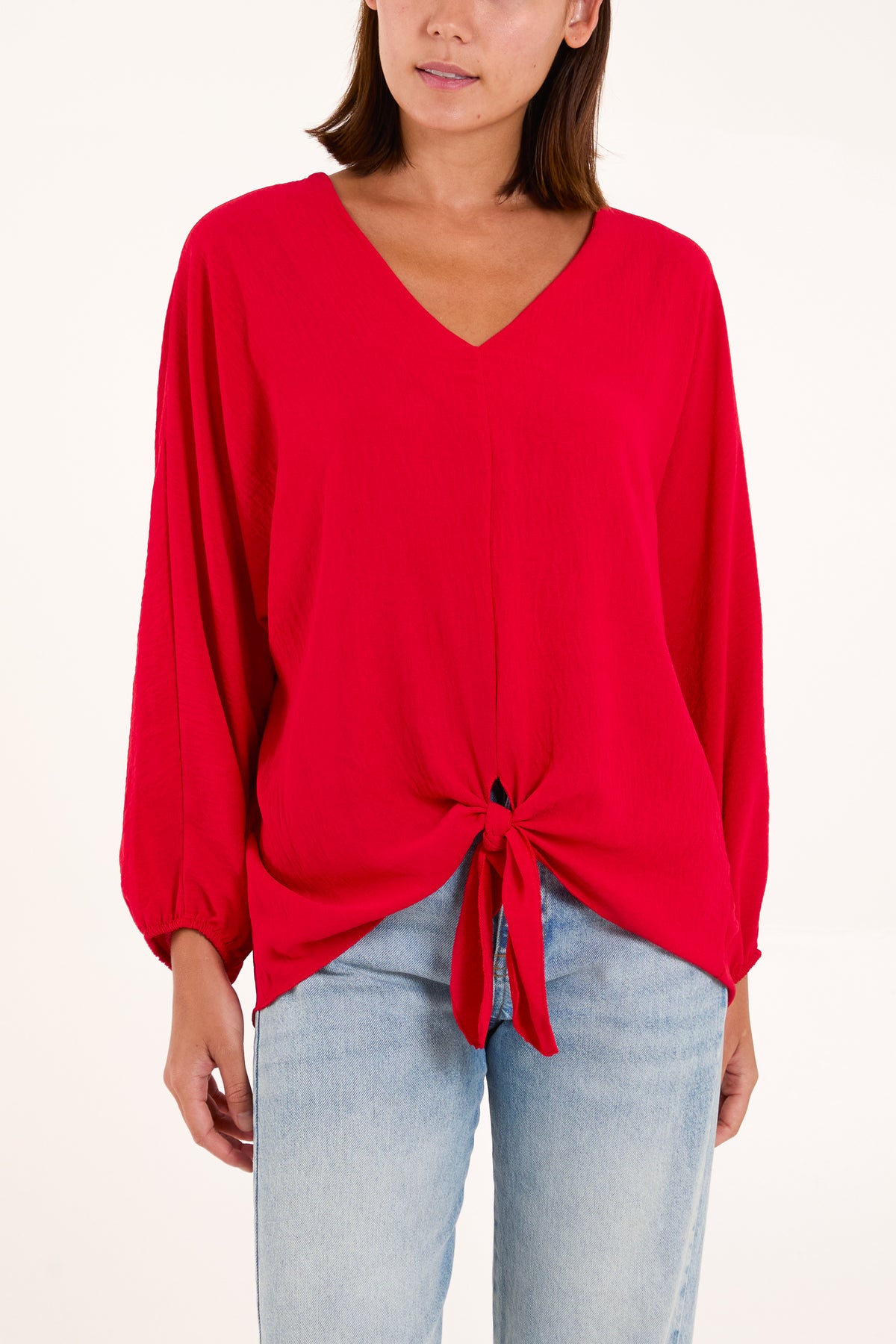 V-Neck Long Sleeve Tie Front Blouse