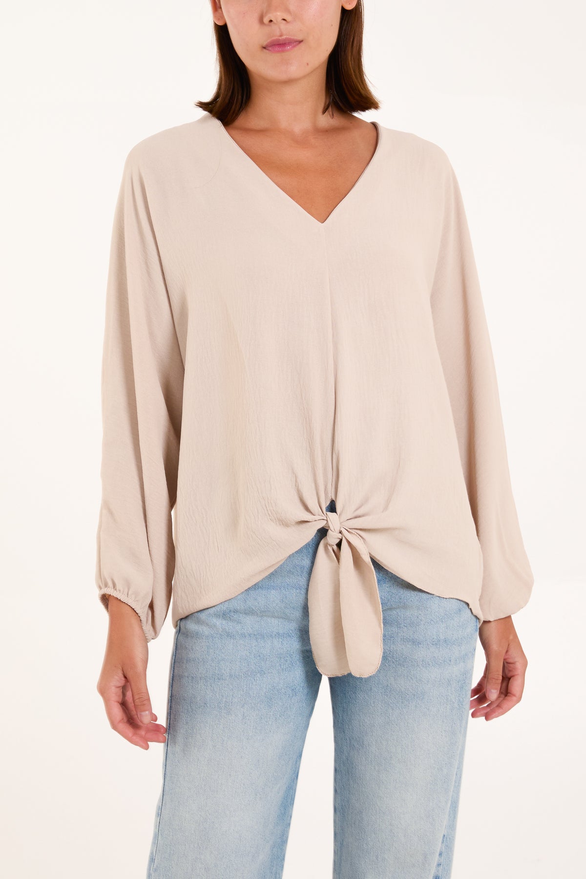 V-Neck Long Sleeve Tie Front Blouse