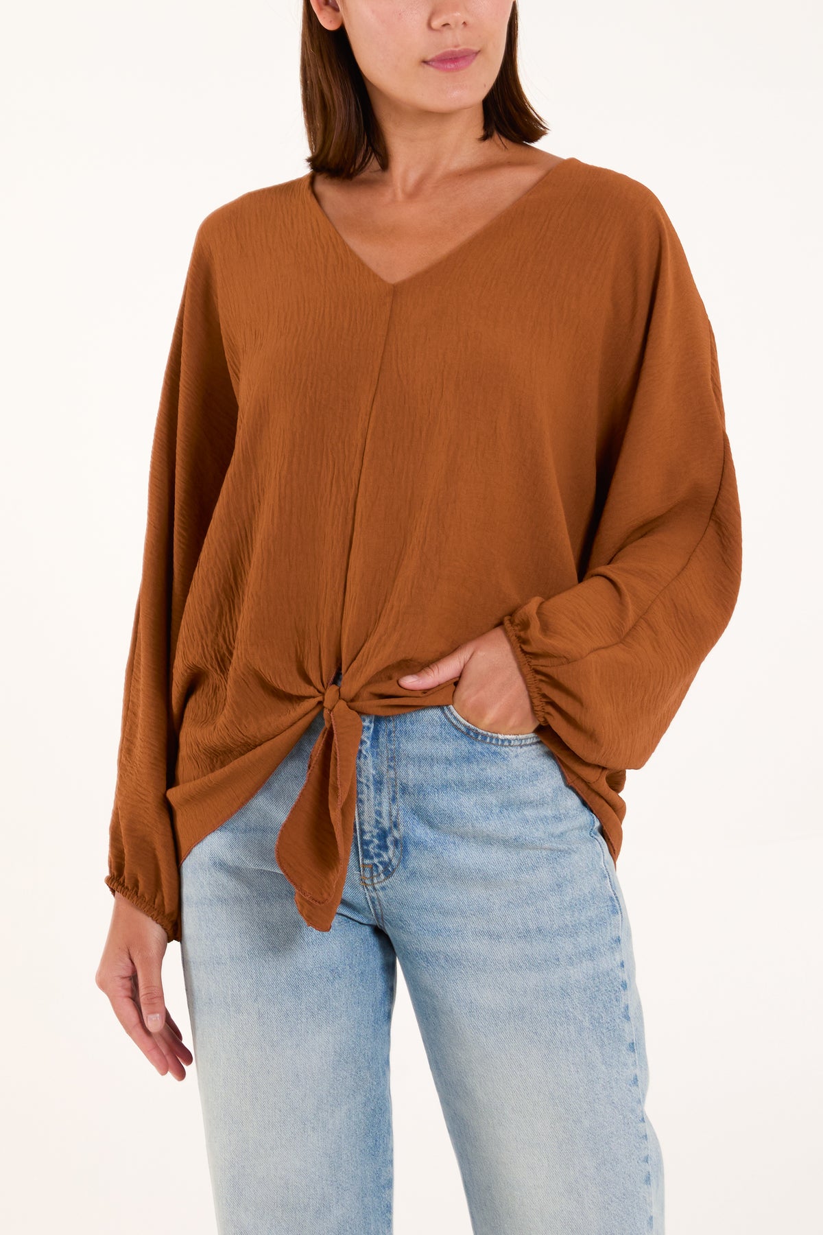 V-Neck Long Sleeve Tie Front Blouse