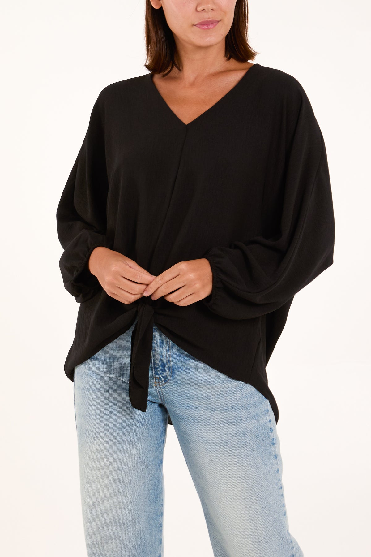 V-Neck Long Sleeve Tie Front Blouse