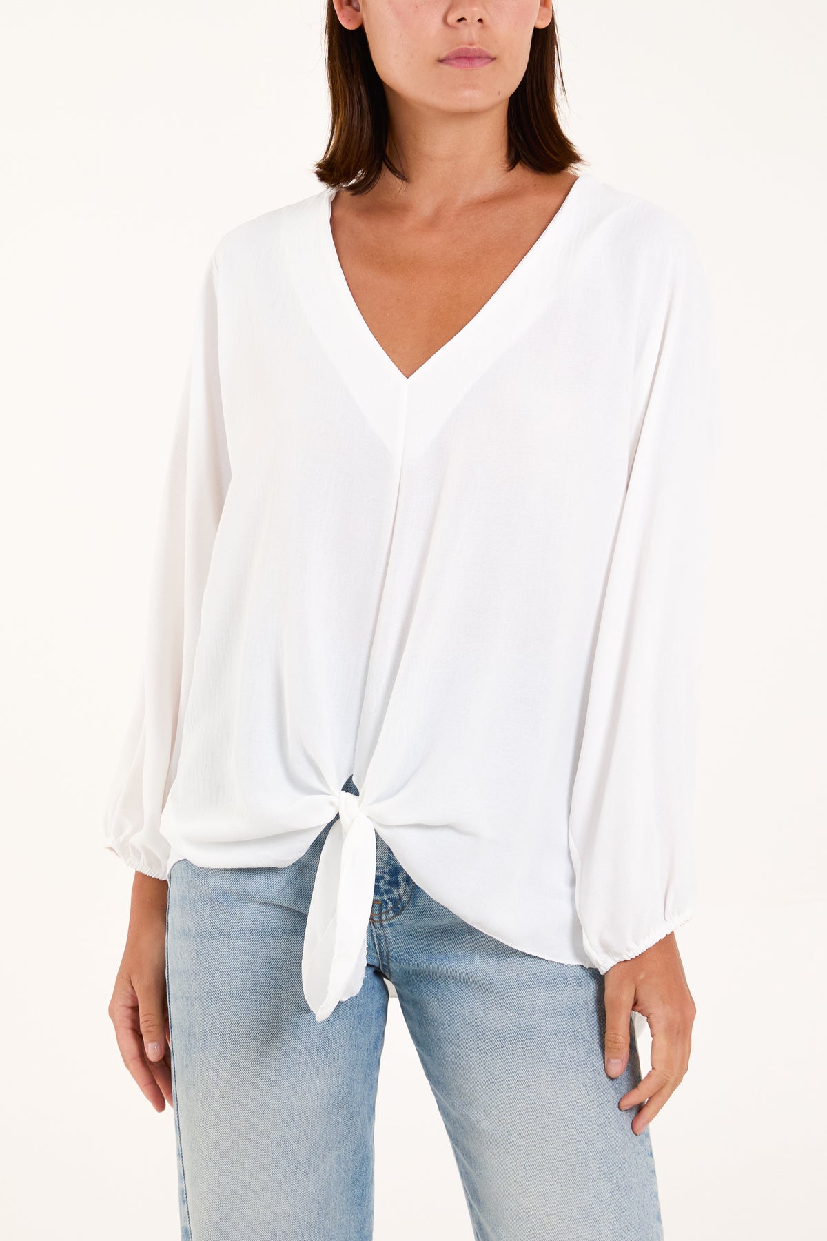 V-Neck Long Sleeve Tie Front Blouse