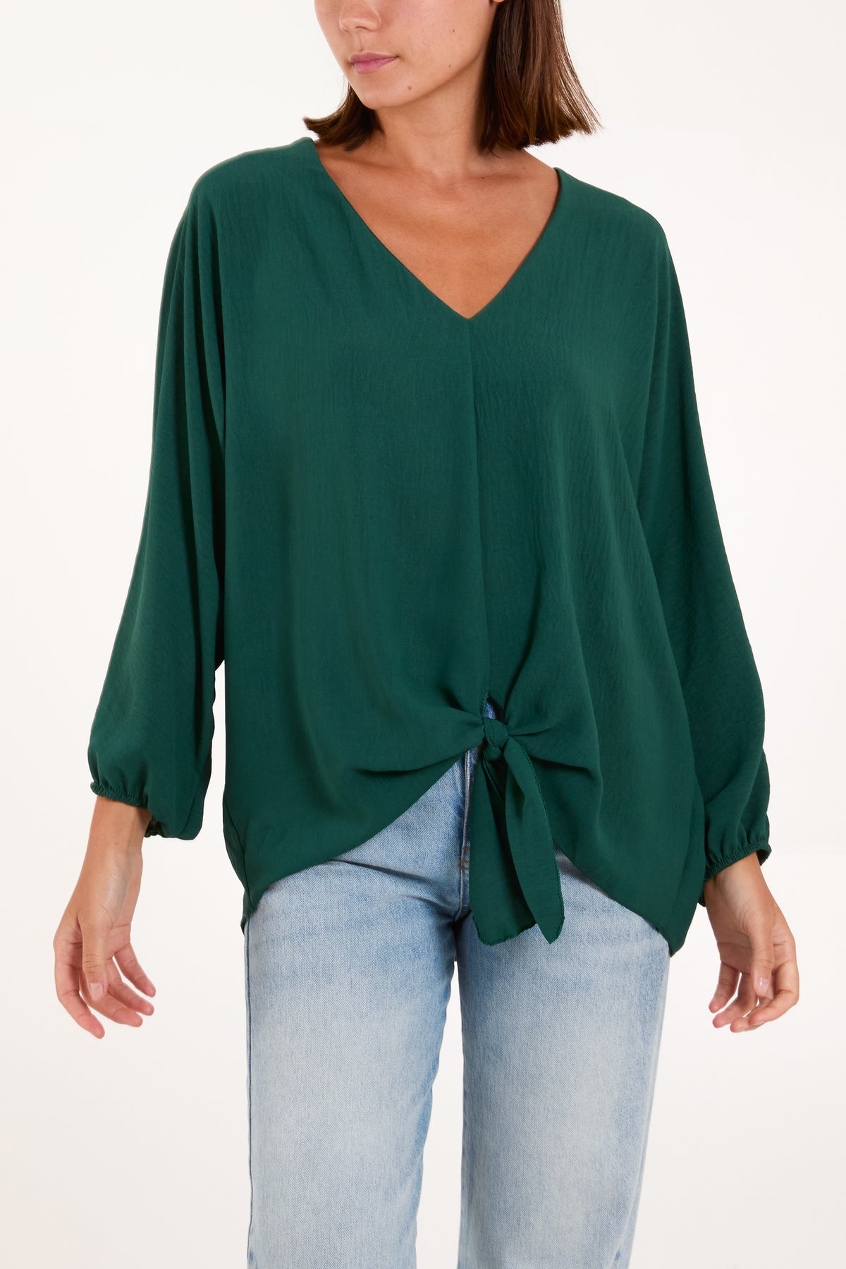 V-Neck Long Sleeve Tie Front Blouse