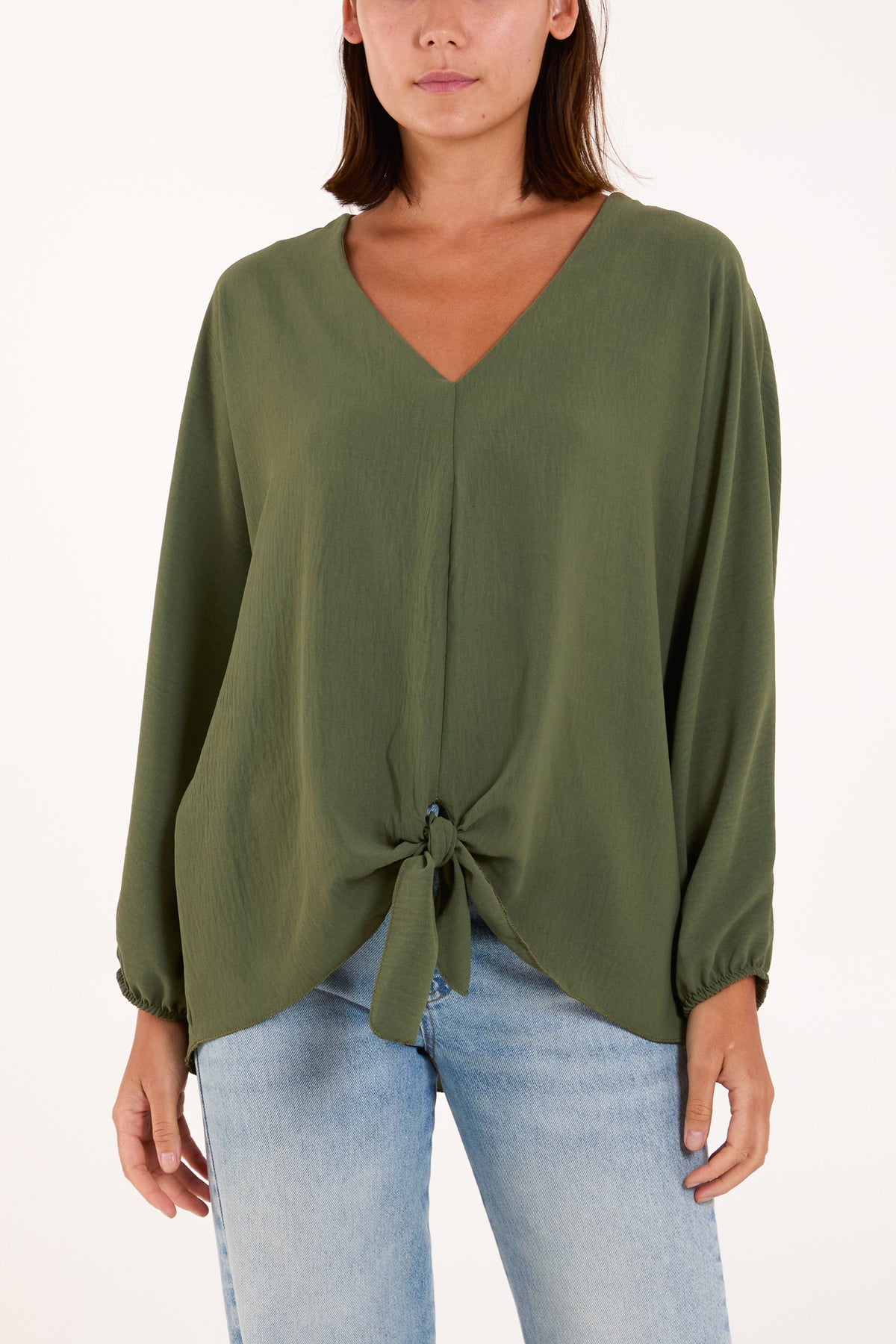 V-Neck Long Sleeve Tie Front Blouse