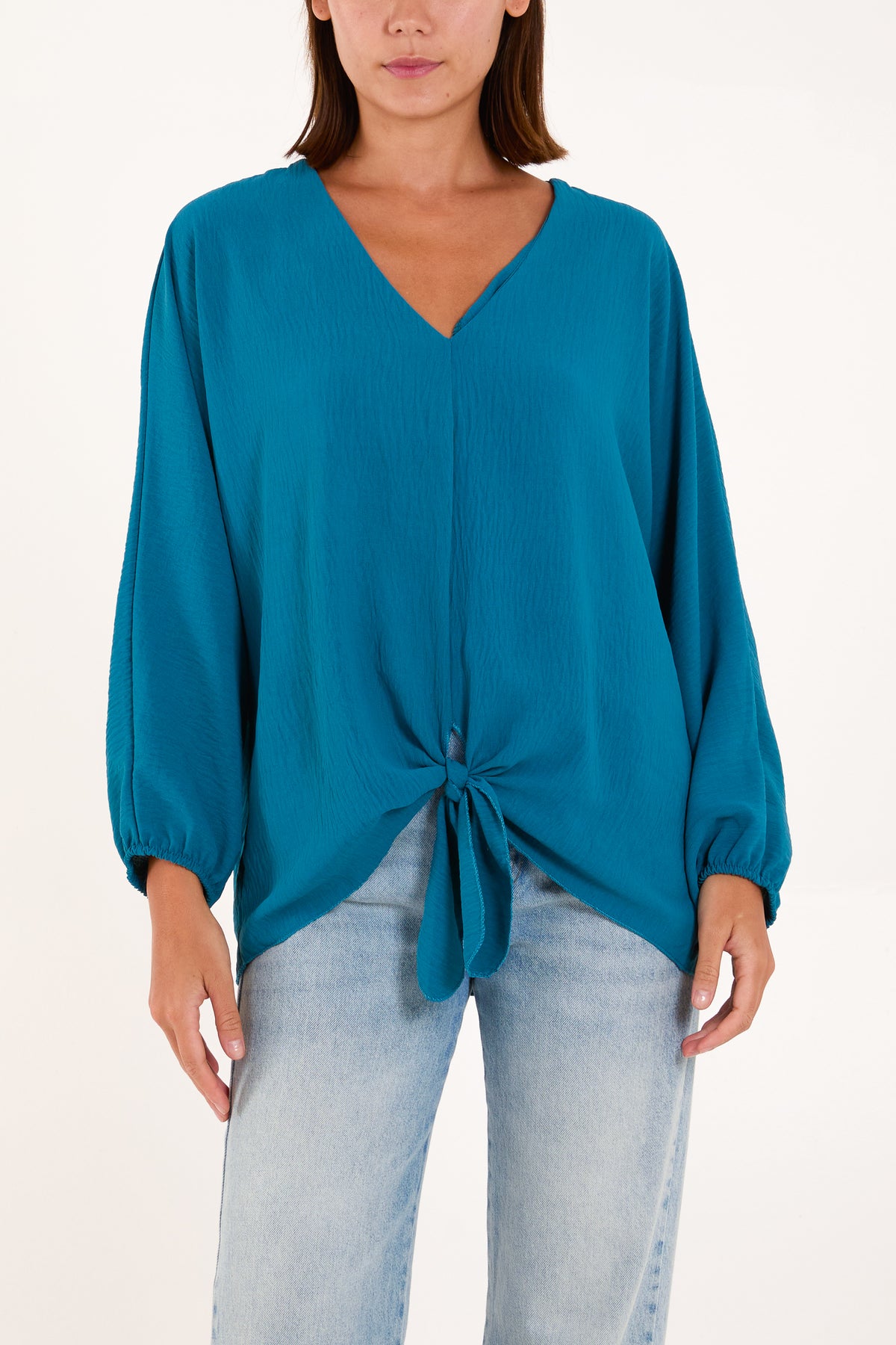 V-Neck Long Sleeve Tie Front Blouse