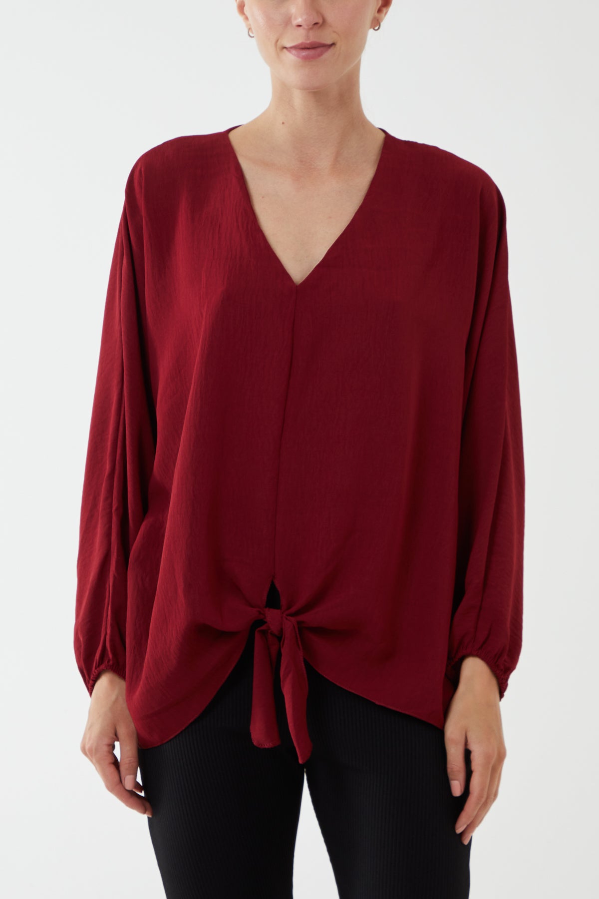 V-Neck Long Sleeve Tie Front Blouse