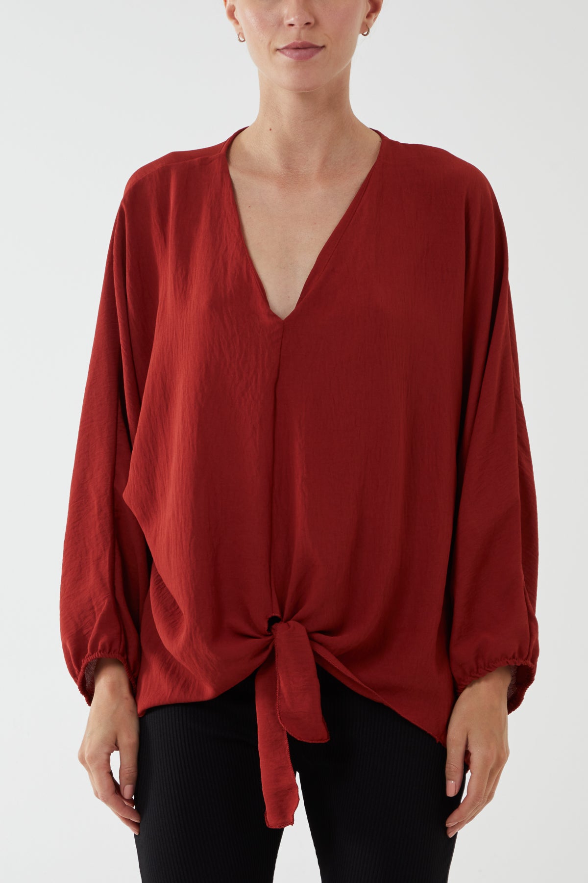 V-Neck Long Sleeve Tie Front Blouse