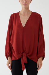 V-Neck Long Sleeve Tie Front Blouse