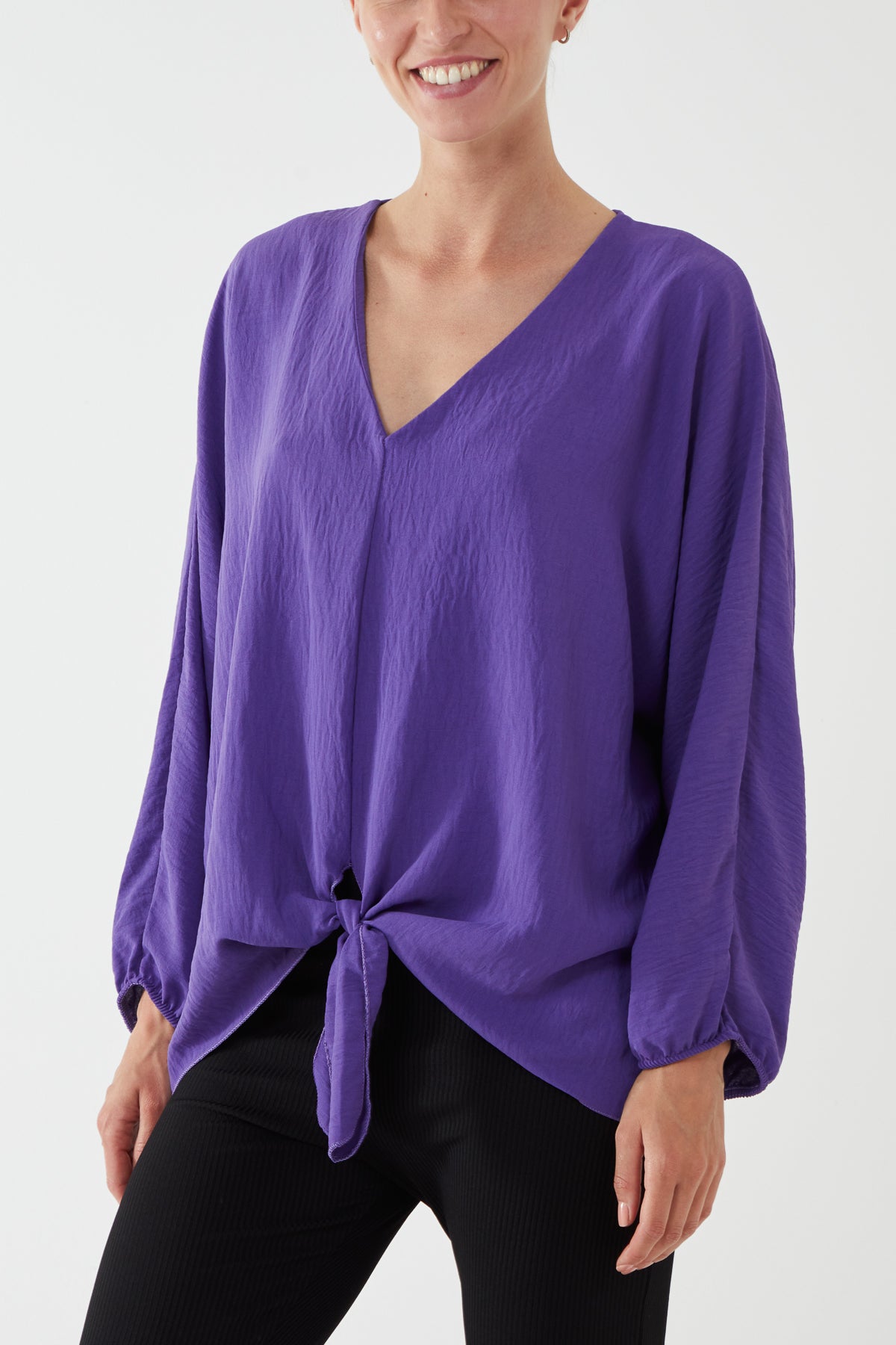 V-Neck Long Sleeve Tie Front Blouse