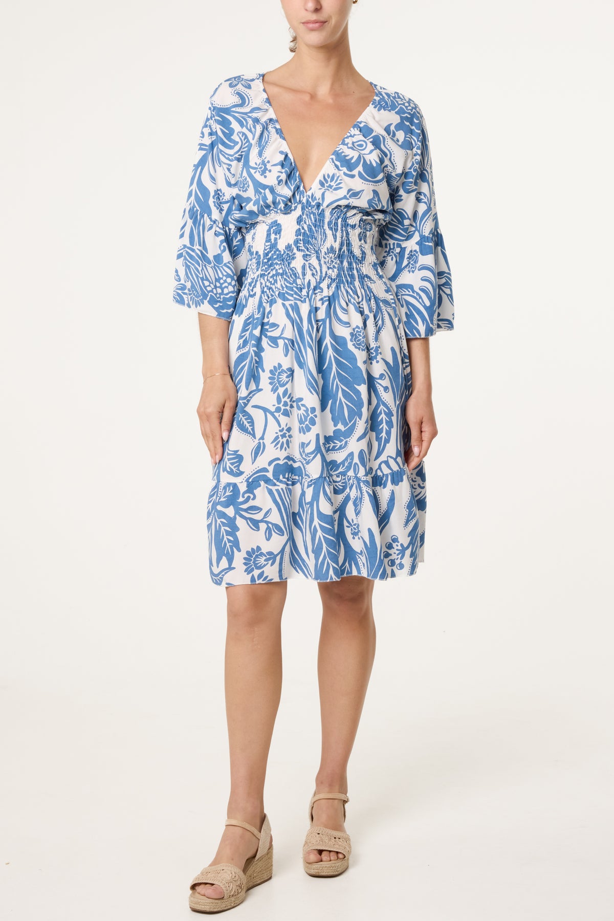 Monochromatic Floral Shirred Bodice Mini Dress