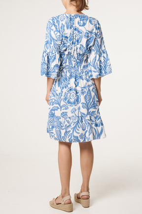 Monochromatic Floral Shirred Bodice Mini Dress