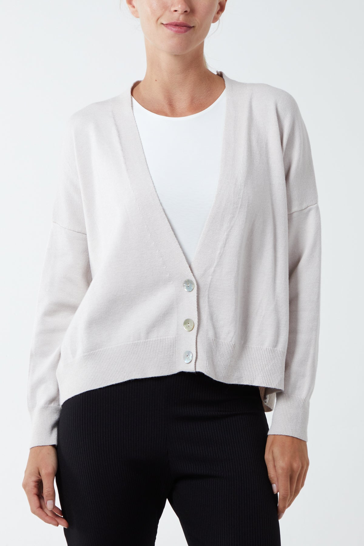 Three Button Cropped Ribbed Cuff Hem Cardigan