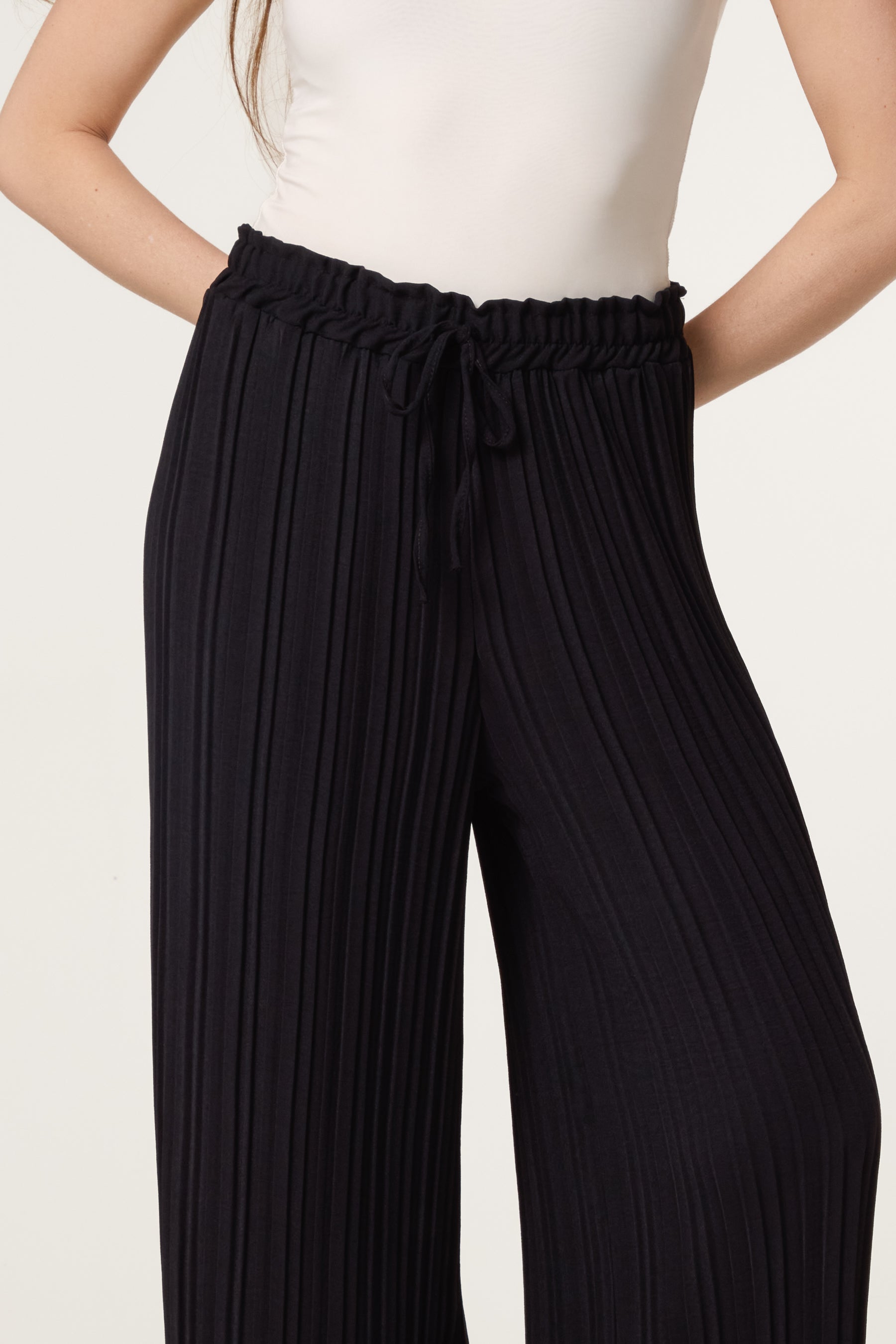 Wide Leg Plisse Drawstring Trousers