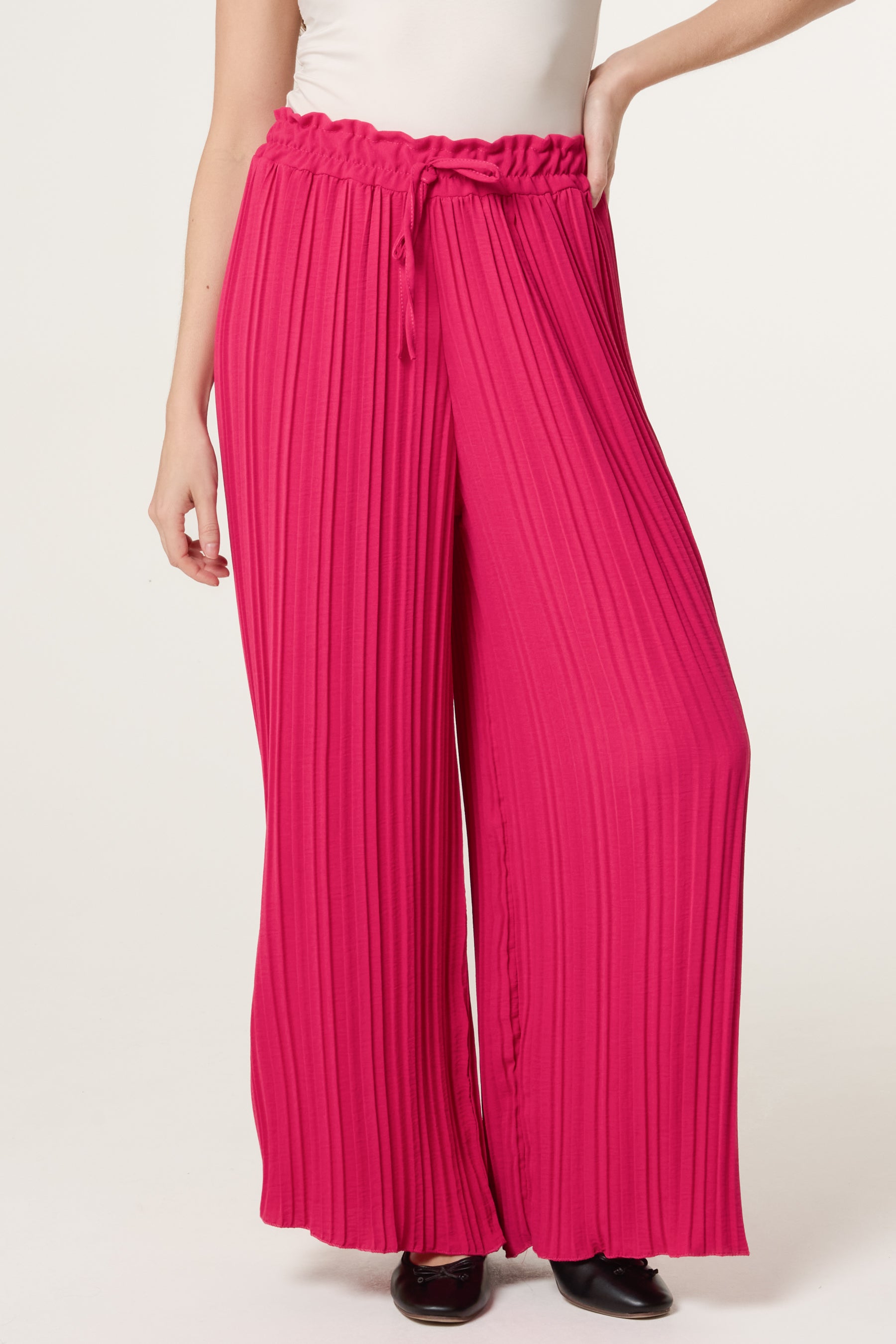Wide Leg Plisse Drawstring Trousers