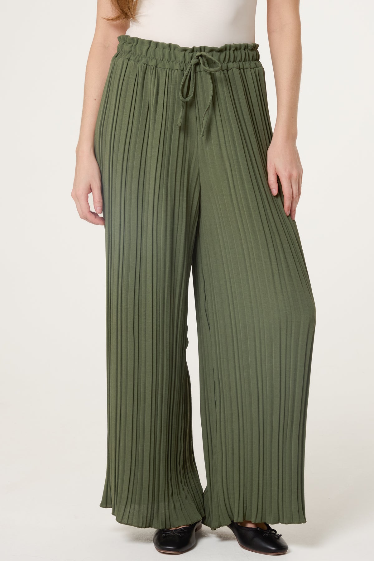 Wide Leg Plisse Drawstring Trousers