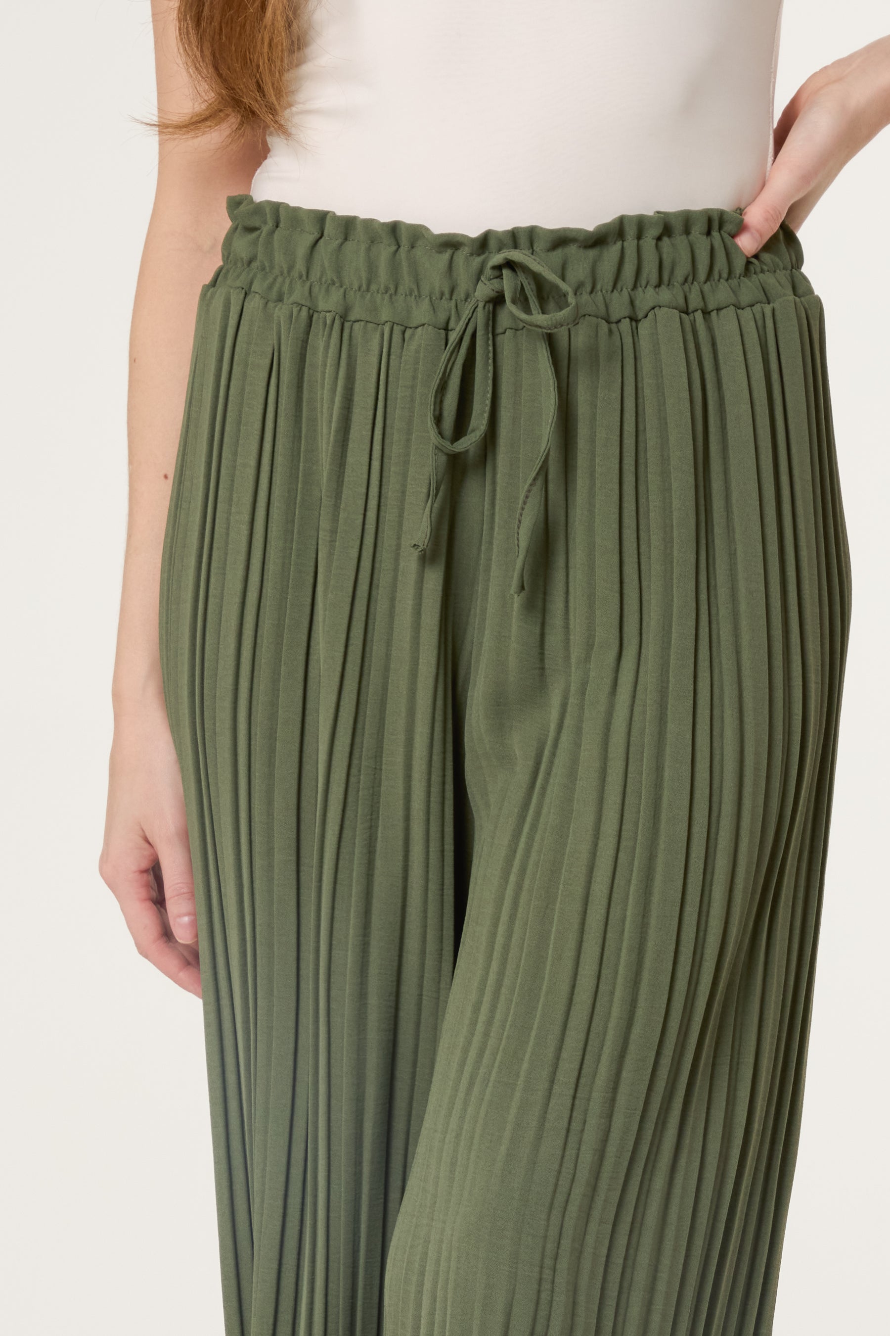 Wide Leg Plisse Drawstring Trousers
