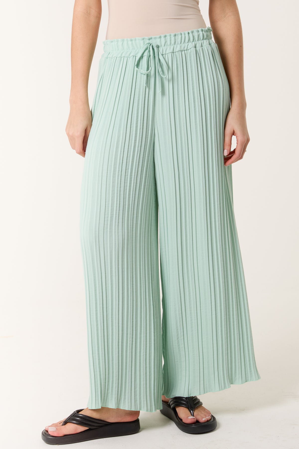 Wide Leg Plisse Drawstring Trousers