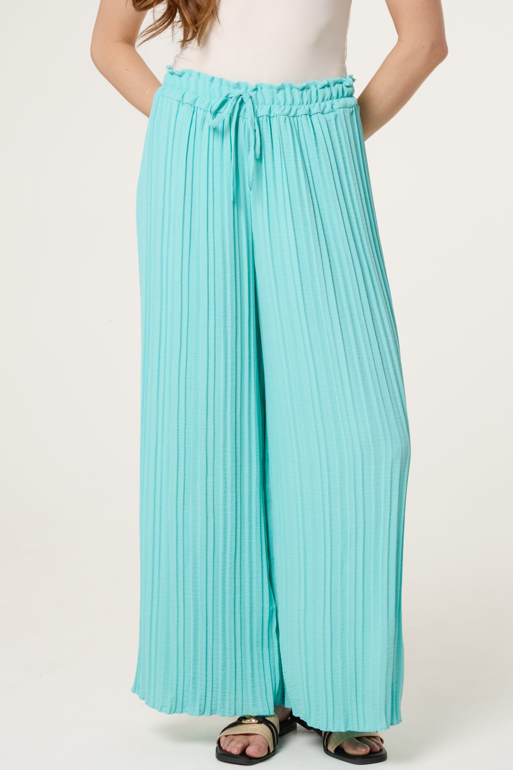 Wide Leg Plisse Drawstring Trousers