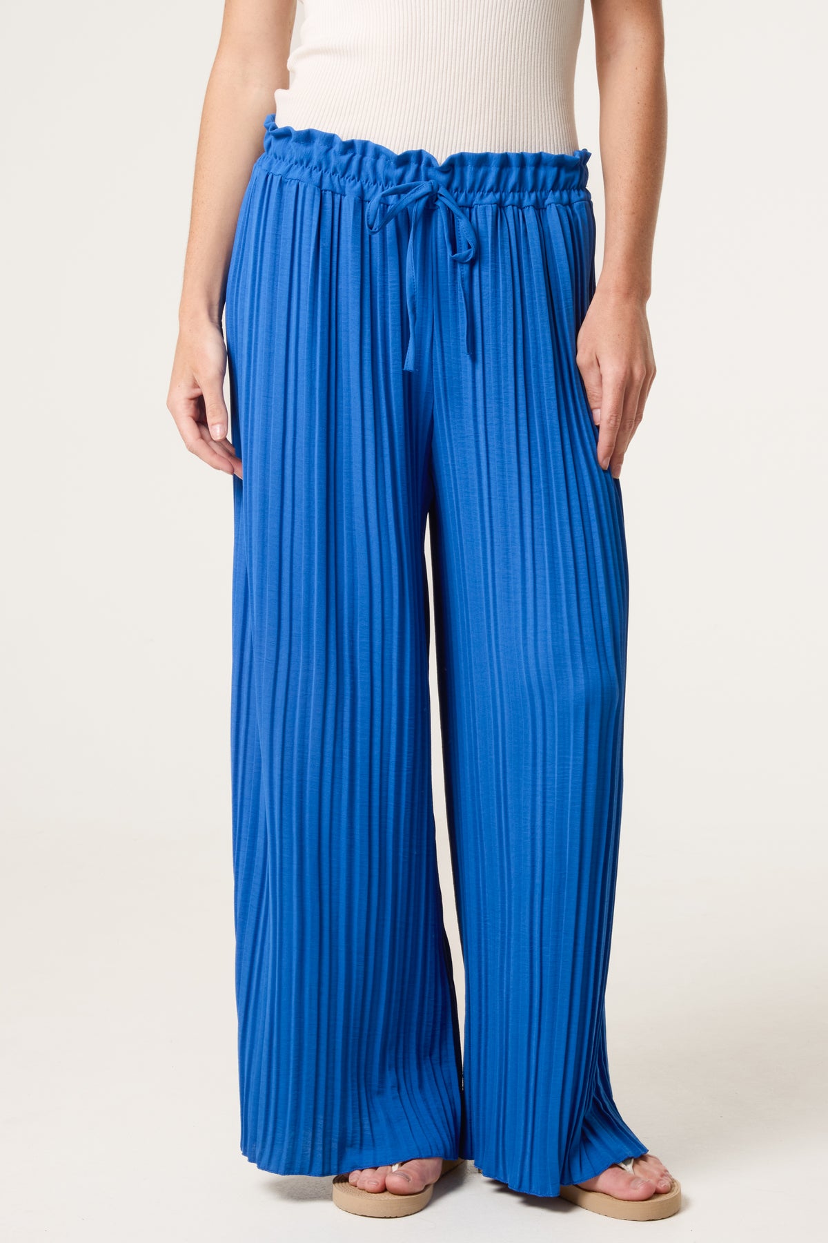 Wide Leg Plisse Drawstring Trousers