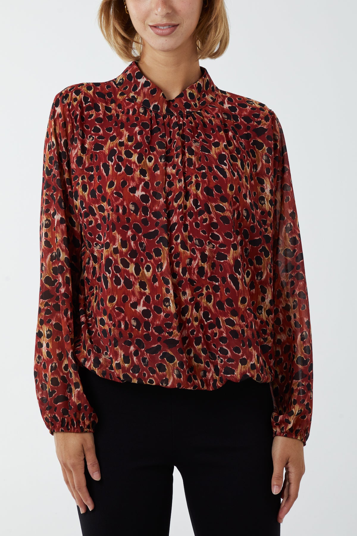 Abstract Leopard Print High Neck Blouse