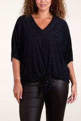 Glitter Lurex Tie Front Hem Blouse